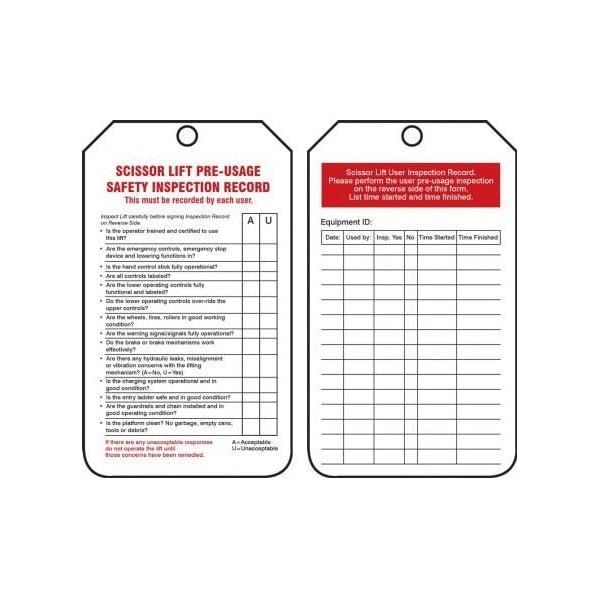 Accuform Safety Tags, SCISSOR LIFT STATUS SCISSOR LIFT PRE-USAGE SAFETY INSPECTION RECORD, 5.75x3.25in, 25PK TRS204CTP - main